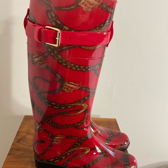 Lauren Ralph Lauren Rossalyn II Red Equestrian Knee High Rubber Rain Boot Size 7 - Picture 4 of 5